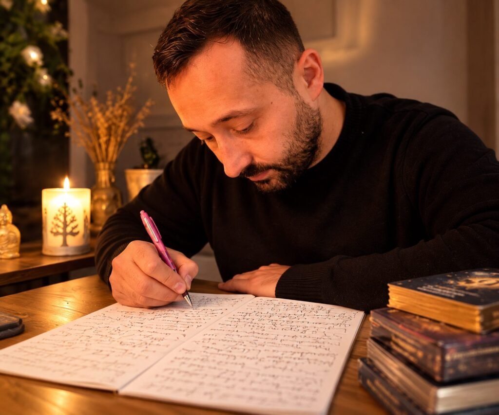 Greg rédige à la main une étude personnalisée